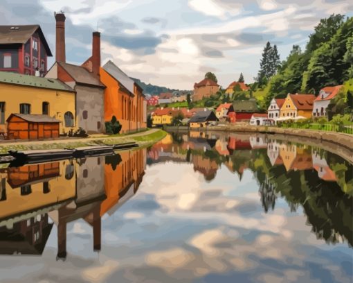 Cesky Krumlov Buildings Reflection Diamond Painting