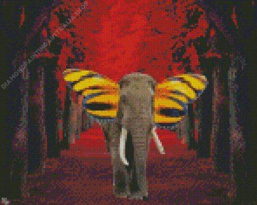 Elephant Butterfly In Red Landscape Diamond Painting