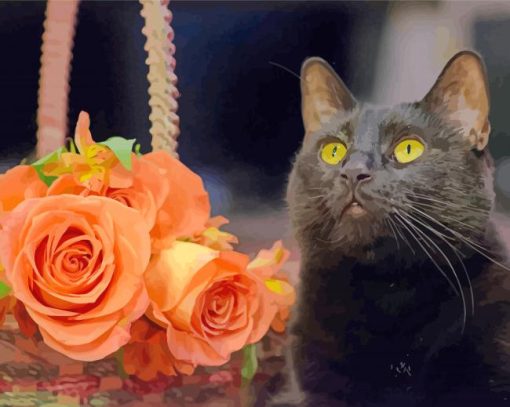 Black Cat And Flowers Diamond Painting