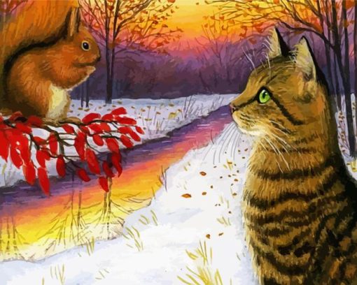 Cat And Squirrel In Snow Diamond Painting