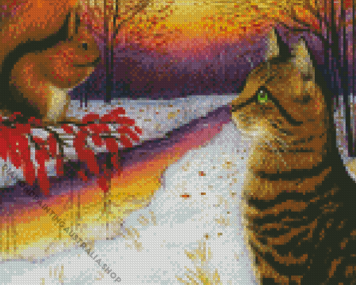 Cat And Squirrel In Snow Diamond Painting