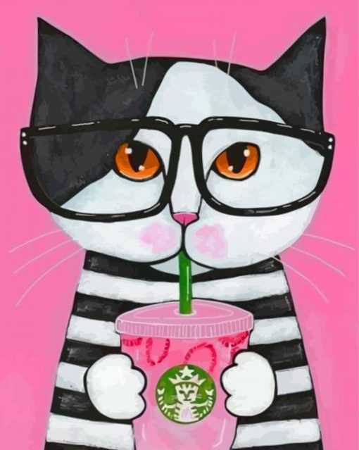 Cat Drinking Coffee Diamond Painting