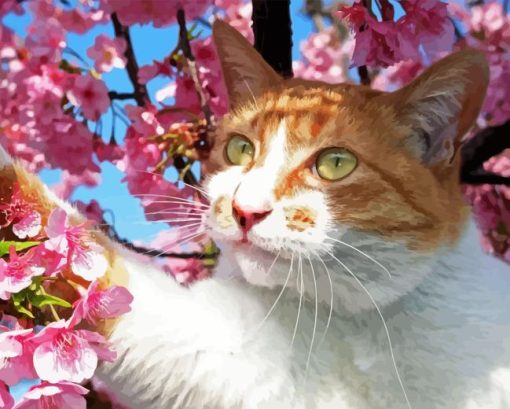 Cat and Cherry Blossoms Diamond Painting