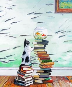 Cat and Fish With Books Diamond Painting