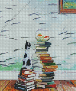 Cat and Fish With Books Diamond Painting