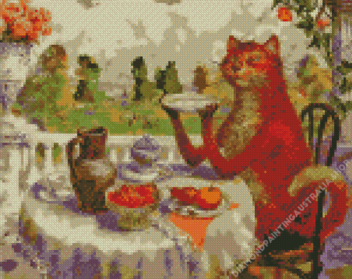 Cat Eating At Dinner Table Art Diamond Painting