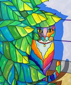 Colorful Cat Behind Leaves Diamond Painting