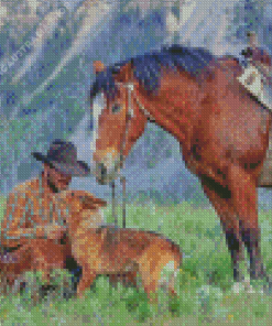 Cowboy And Horse With Dog Diamond Painting