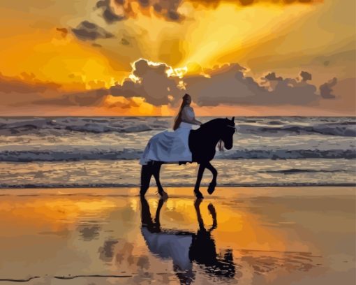 Girl with Horse at Beach Diamond Painting