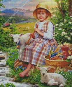 Girl And Lambs Diamond Painting