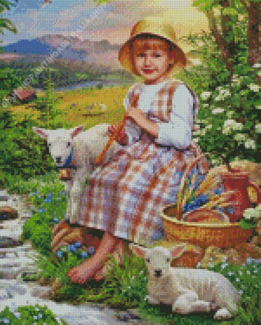 Girl And Lambs Diamond Painting