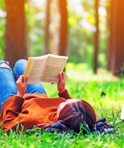 Girl Reading Book In Forest Diamond Painting