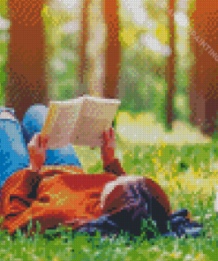 Girl Reading Book In Forest Diamond Painting