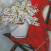 White Flowers Pail On Chair Diamond Painting