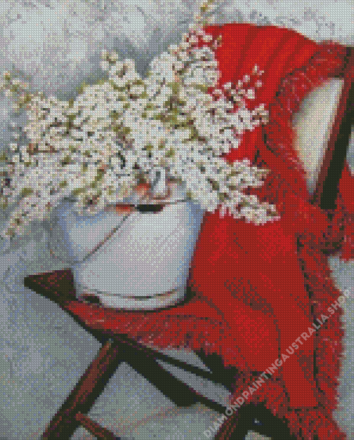 White Flowers Pail On Chair Diamond Painting