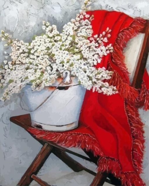 White Flowers Pail On Chair Diamond Painting