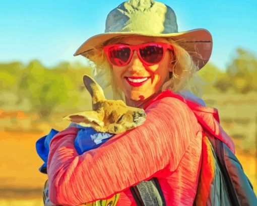 Woman Holding Kangaroos Diamond Painting