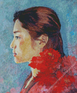 Abstract Girl And Red Flowers Diamond Painting