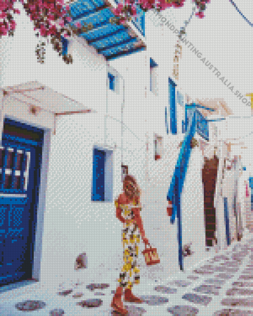 Blonde Girl In Santorini Streets Diamond Painting