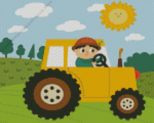 Boy On Tractor Art Diamond Painting