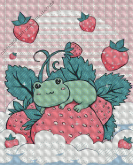 Kawaii Frog And Strawberries Diamond Painting