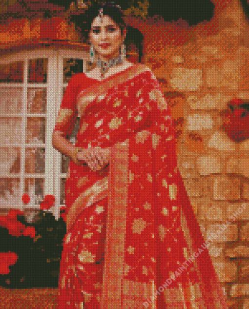 Red Golden Saree Diamond Painting