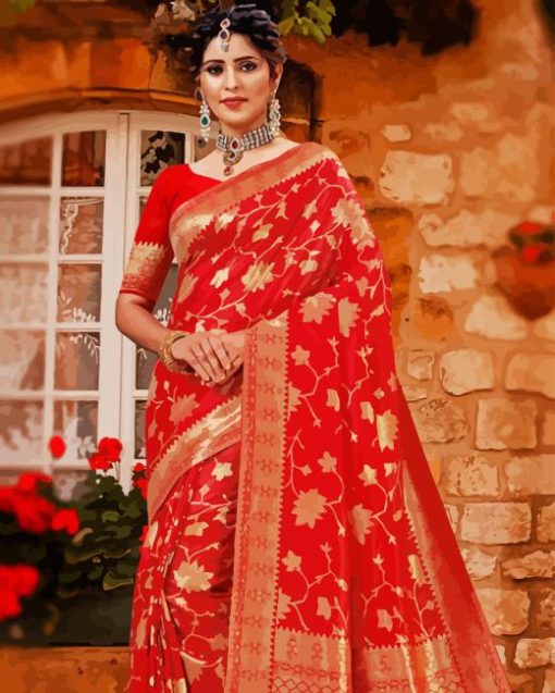 Red Golden Saree Diamond Painting