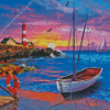 Sailboat And Lighthouse At Sunset Diamond Painting