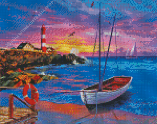 Sailboat And Lighthouse At Sunset Diamond Painting