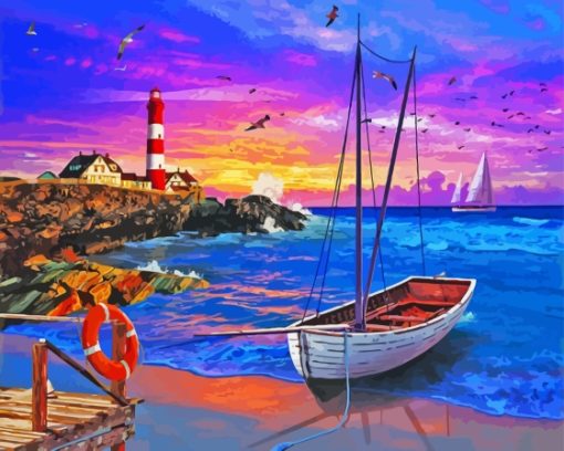 Sailboat And Lighthouse At Sunset Diamond Painting