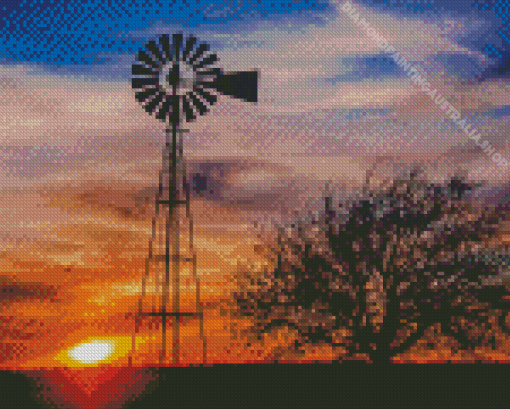 Western Windmill Silhouette At Sunset Diamond Painting