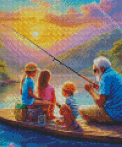 Kids And Grandpa Fishing Diamond Painting