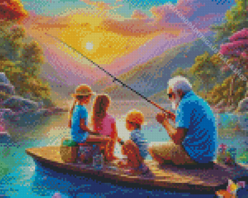 Kids And Grandpa Fishing Diamond Painting