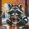 Raccoon With Coffee Diamond Painting