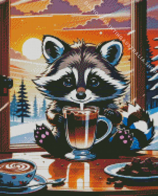 Raccoon With Coffee Diamond Painting